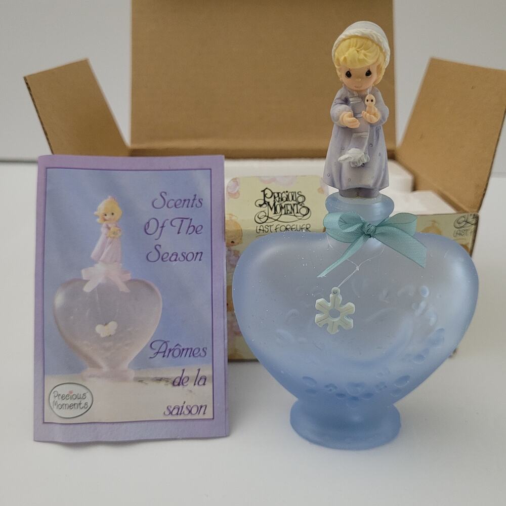 Precious Moments Blue Perfume Bottle with Girl Figurine